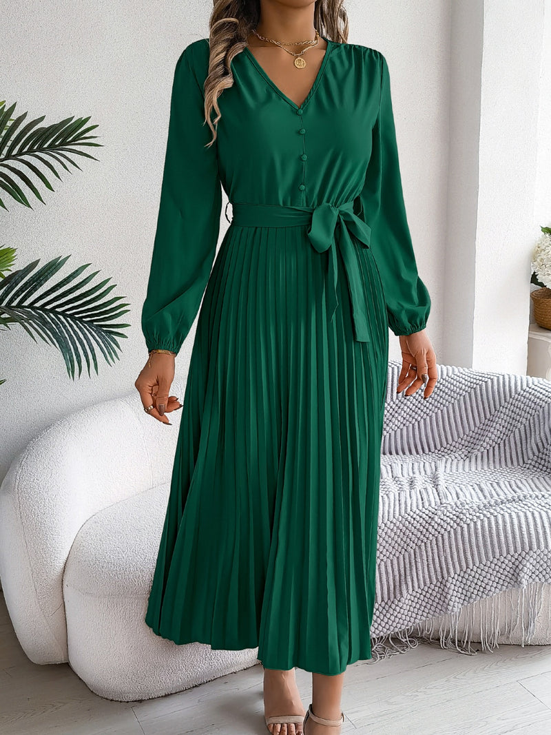 Hazel Blues® |  Pleated Tied V-Neck Long Sleeve Dress