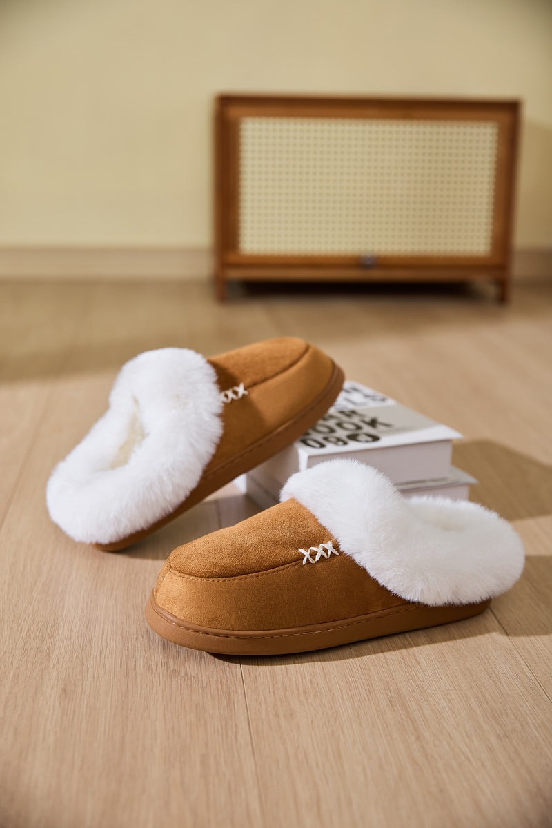 Hazel Blues® |  Fluff Trim Round Toe Flat Slippers