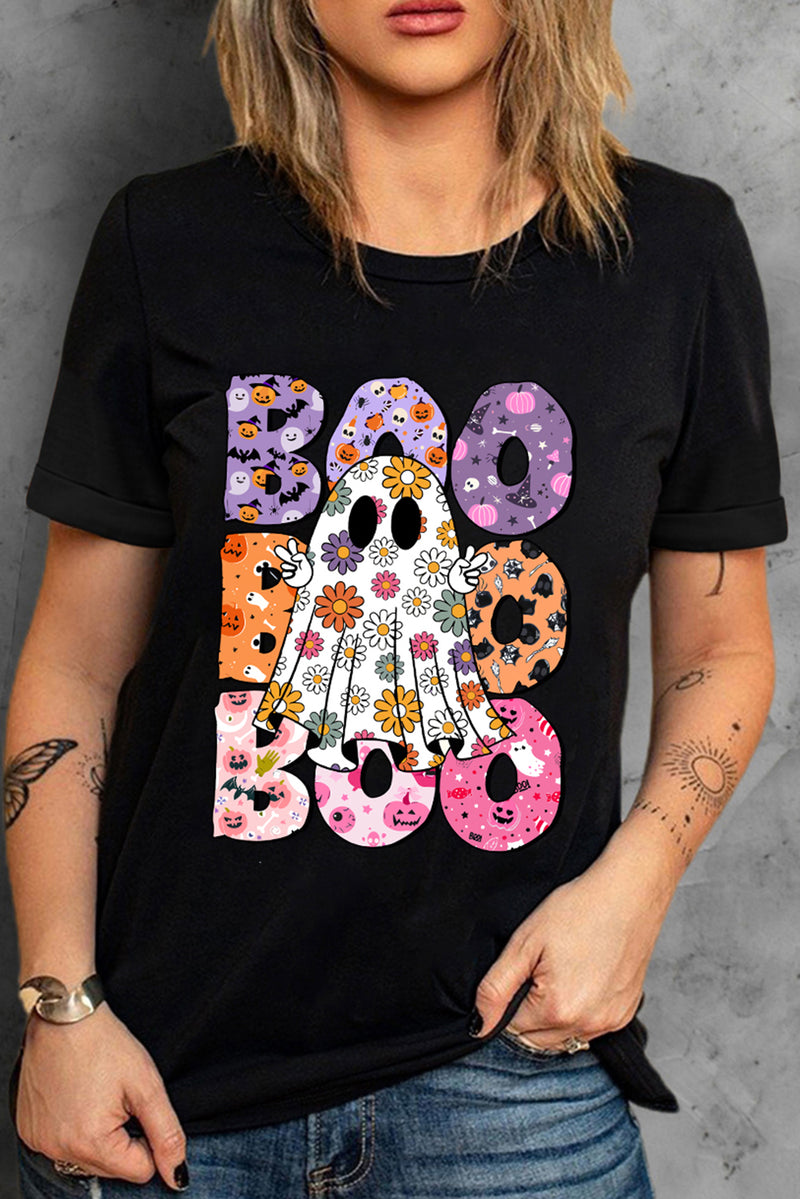 Hazel Blues® |  Black BOO Floral Ghost Print Crew Neck Halloween T Shirt