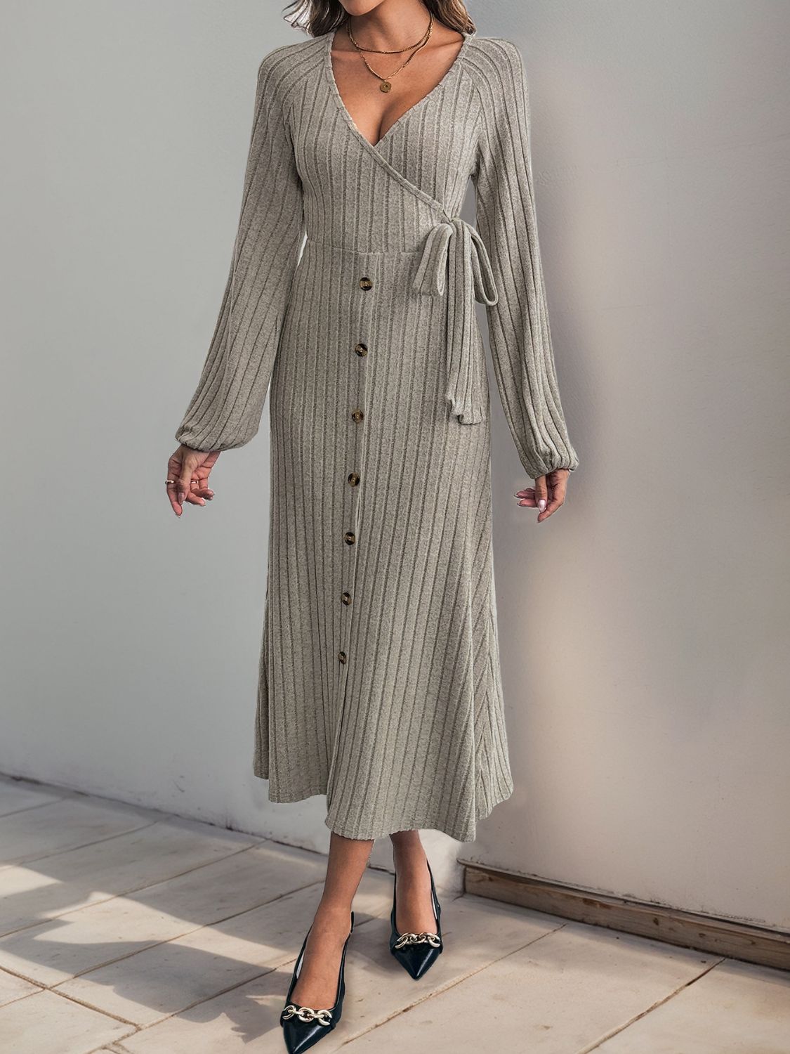 Hazel Blues® |  Perfee Ribbed Tied Surplice Long Sleeve Dress