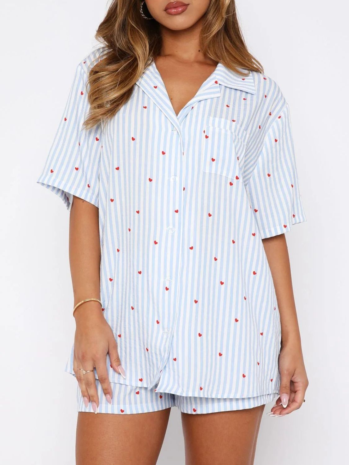 Hazel Blues® |  Valentine's Day Printed Collared Neck Short Sleeve Top and Shorts Set