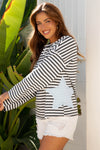 Hazel Blues® |  Gray Stripe Starry Patch Drop Shoulder Raw Edge Casual Knit Top