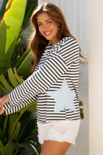 Hazel Blues® |  Gray Stripe Starry Patch Drop Shoulder Raw Edge Casual Knit Top