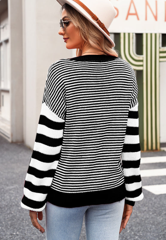 Hazel Blues® |  Striped Round Neck Dropped Shoulder Sweater