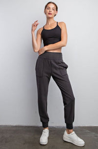 Hazel Blues® |  Rib Brushed Full Length Jogger Pant in Black