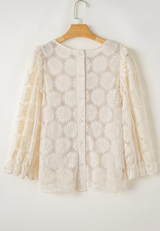 Hazel Blues® |  Flower Jacquard Flounce Sleeve Blouse