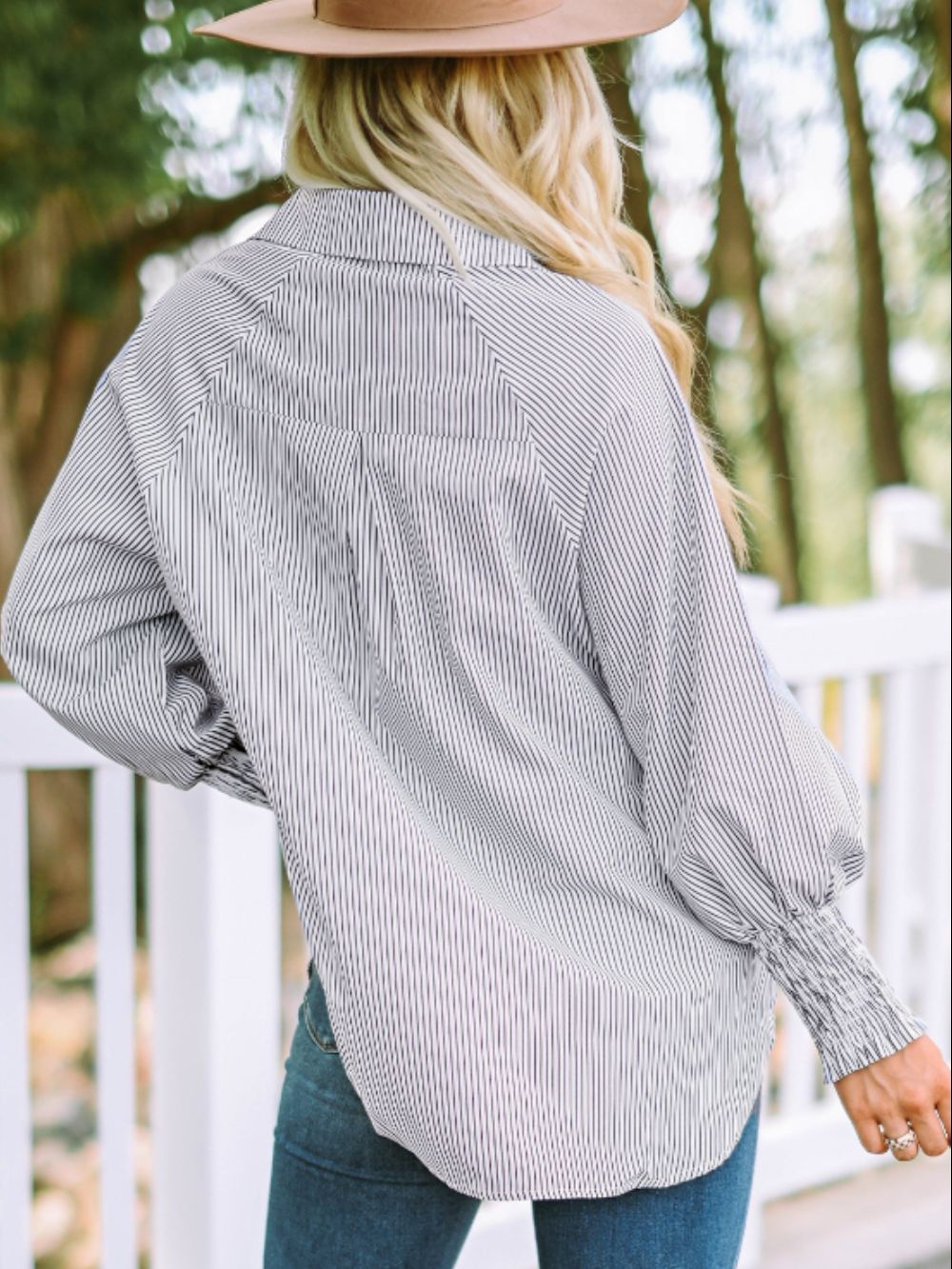 Hazel Blues® |  Striped Collared Neck Lantern Sleeve Shirt