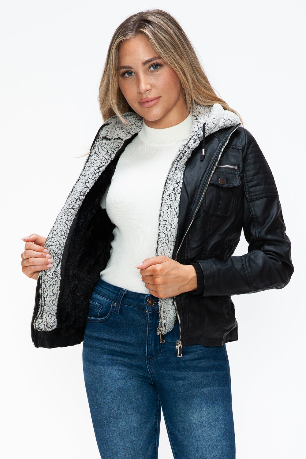 Hazel Blues® |  YMI Removable Faux Layered Multi-Pocket Jacket with Fuzzy Hood