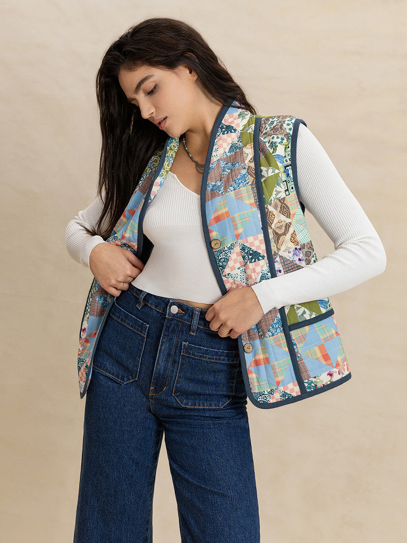 Hazel Blues® |  Printed Patchwork Contrast Piping Vest