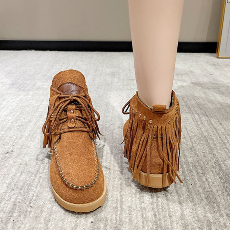 Hazel Blues® |  Fringe Studded Round Toe Canvas Boots