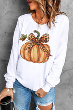 Hazel Blues® |  Beige Leopard Bowknot Pumpkin Graphic Crewneck Sweatshirt