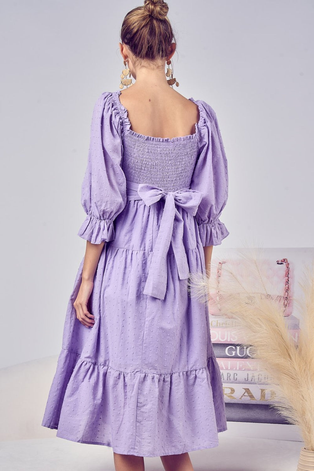 Hazel Blues® |  BiBi Swiss Dot Flounce Sleeve Smocked Tiered Midi Dress