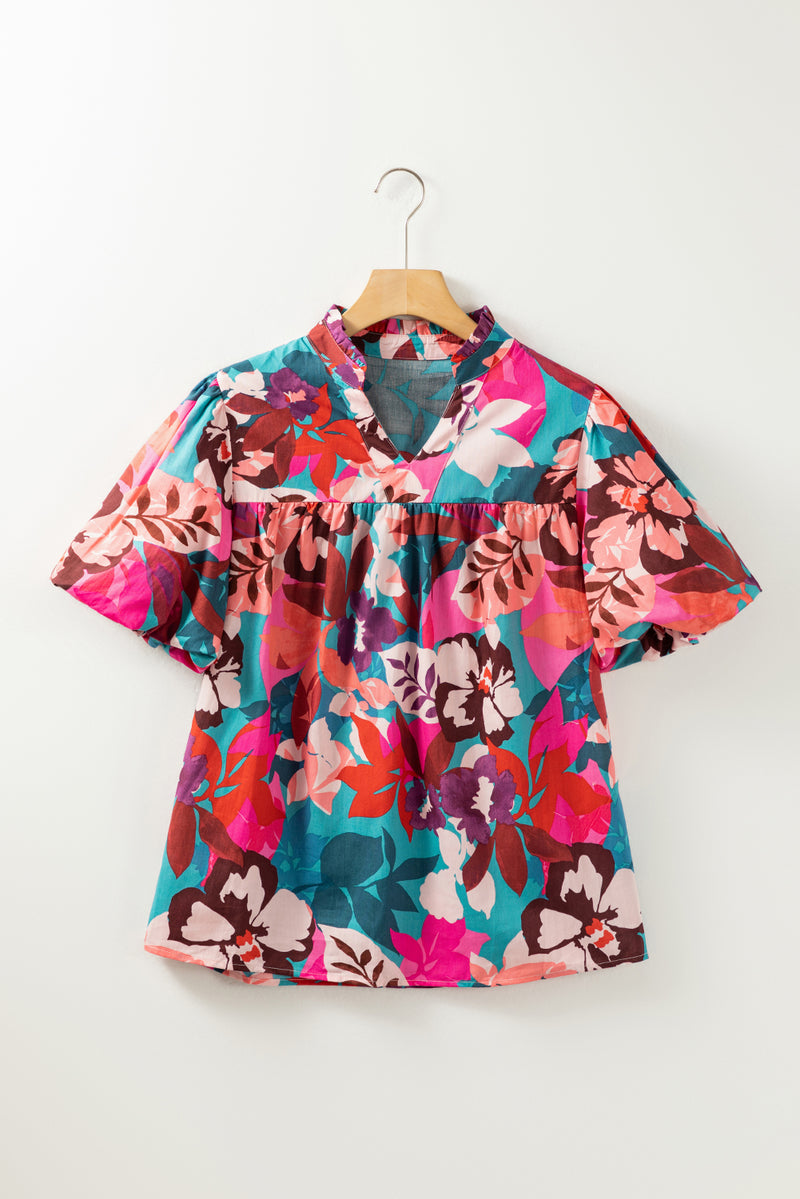 Hazel Blues® |  Printed Notched Puff Sleeve Blouse