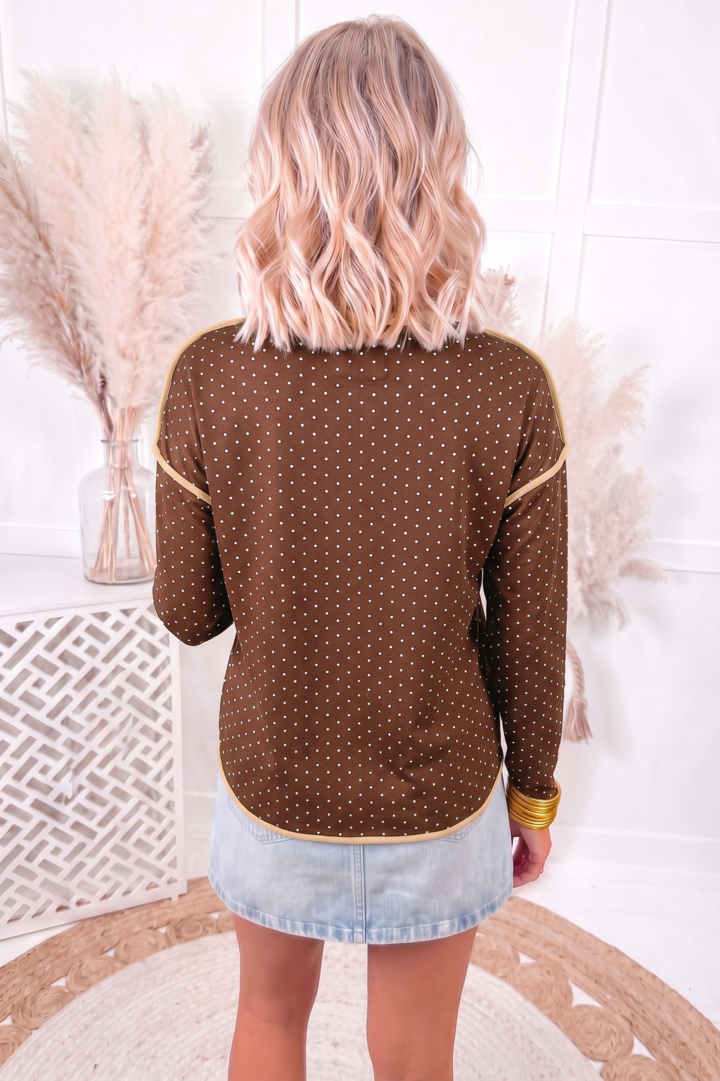 Brown Polka Dot Color-Block Trim Top