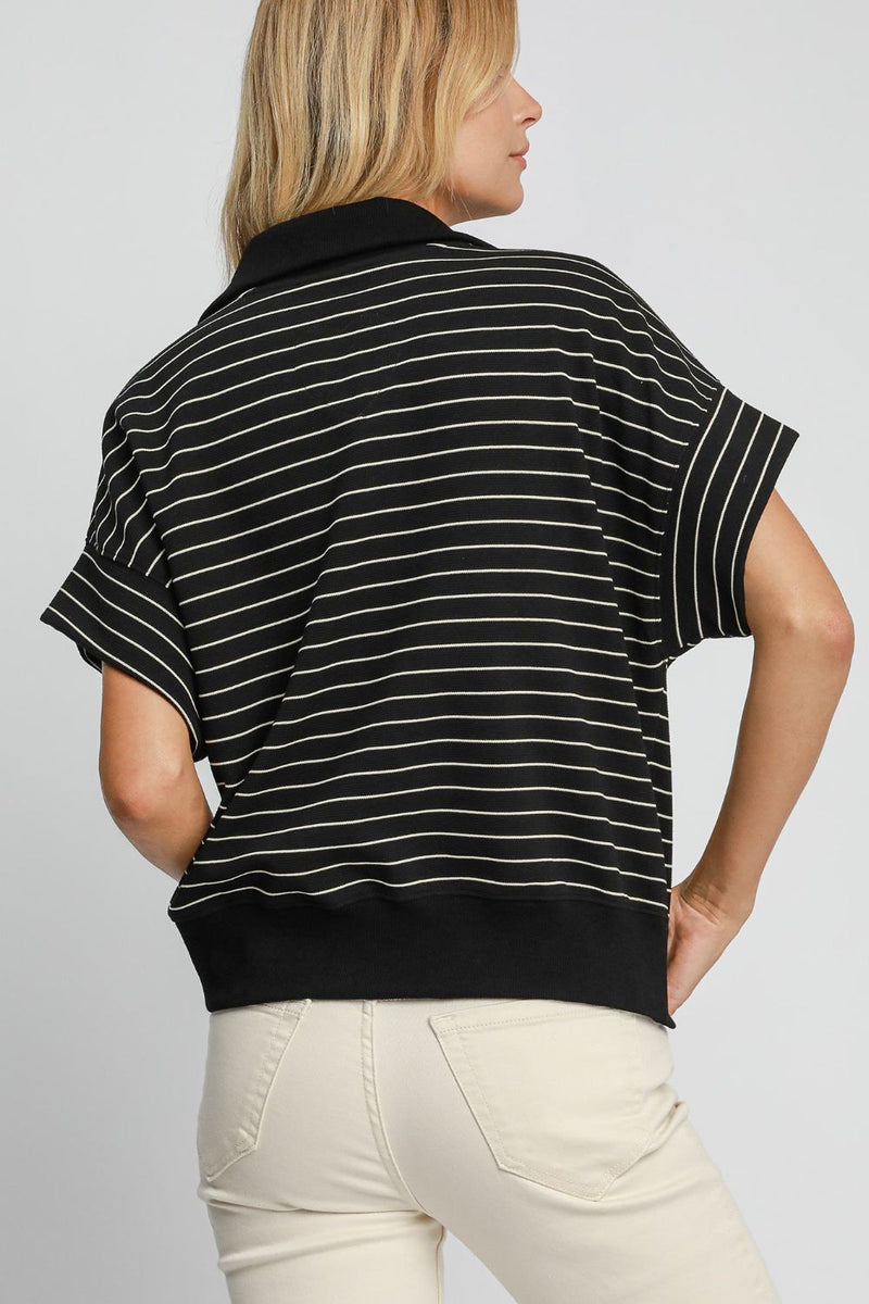 Hazel Blues® |  Umgee Striped Half Zip Short Sleeve Sweatshirt