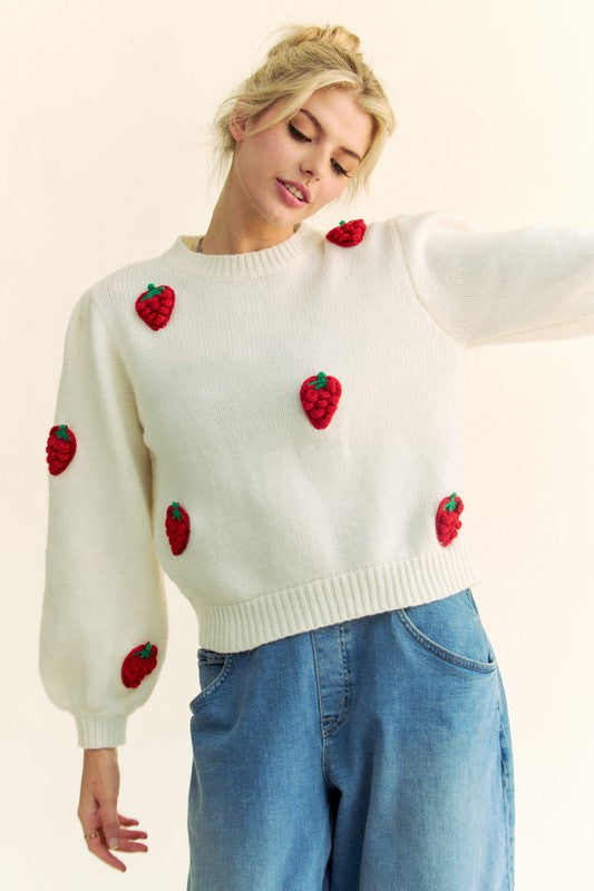 Hazel Blues® |  Davi & Dani Crochet Strawberry Round Neck Sweater