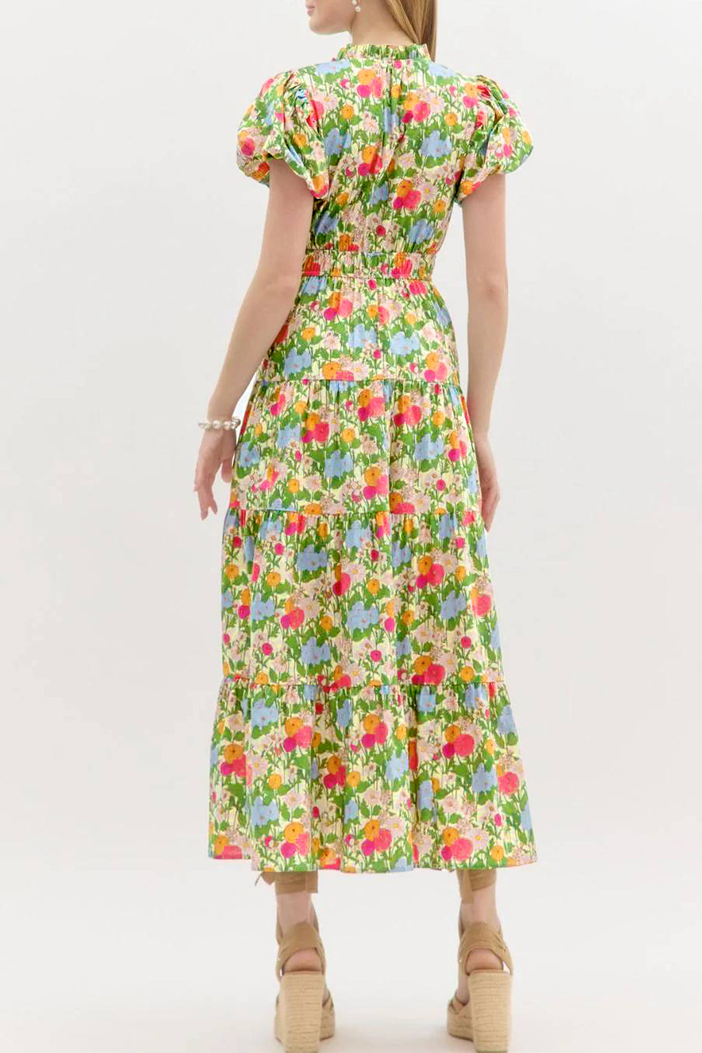 Green Floral-Print V-Neck Short Puff-Sleeve Cotton Maxi Dress