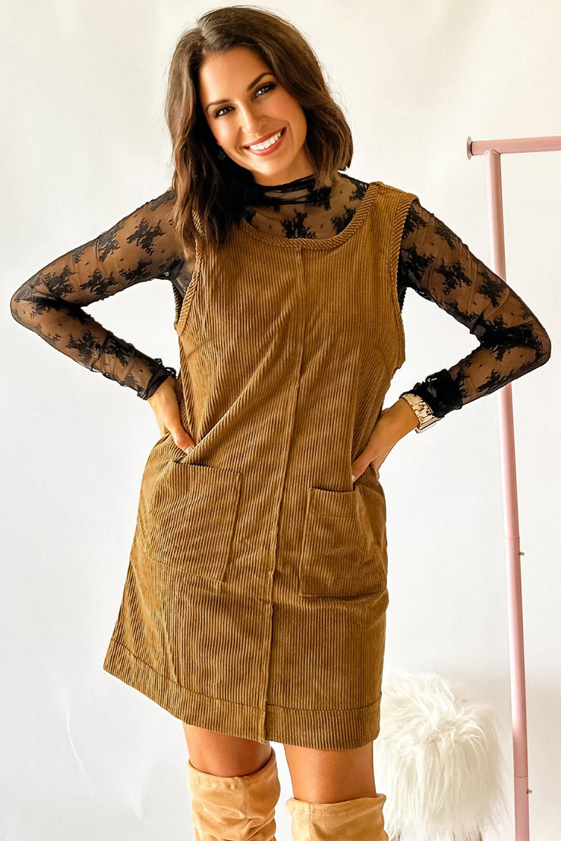 Hazel Blues® |  Beige Corduroy Sleeveless Mini Dress With Patched Pockets
