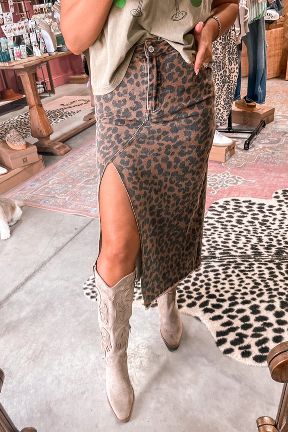 Hazel Blues® |  Brown Leopard Denim Frayed Split Denim Midi Skirt