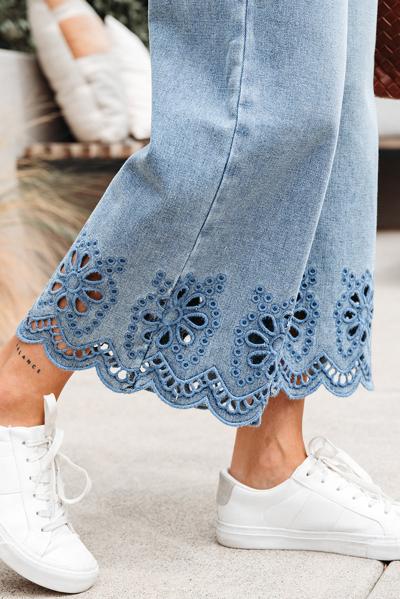 Hazel Blues® |  Dusk Blue Embroidered Cropped Wide Leg High Waist Jeans