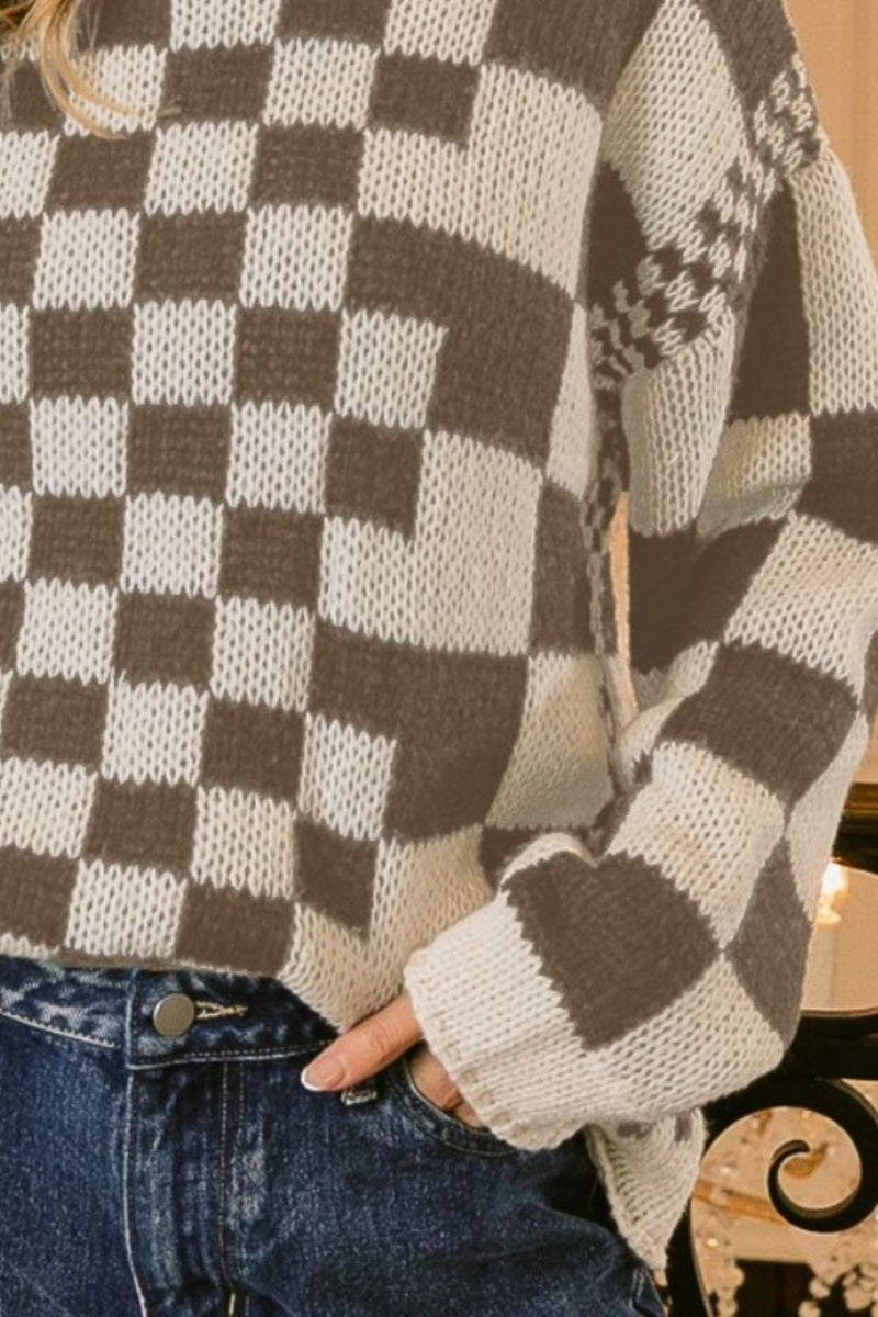 Hazel Blues® |  BiBi Checkered Contrast Chunky Sweater