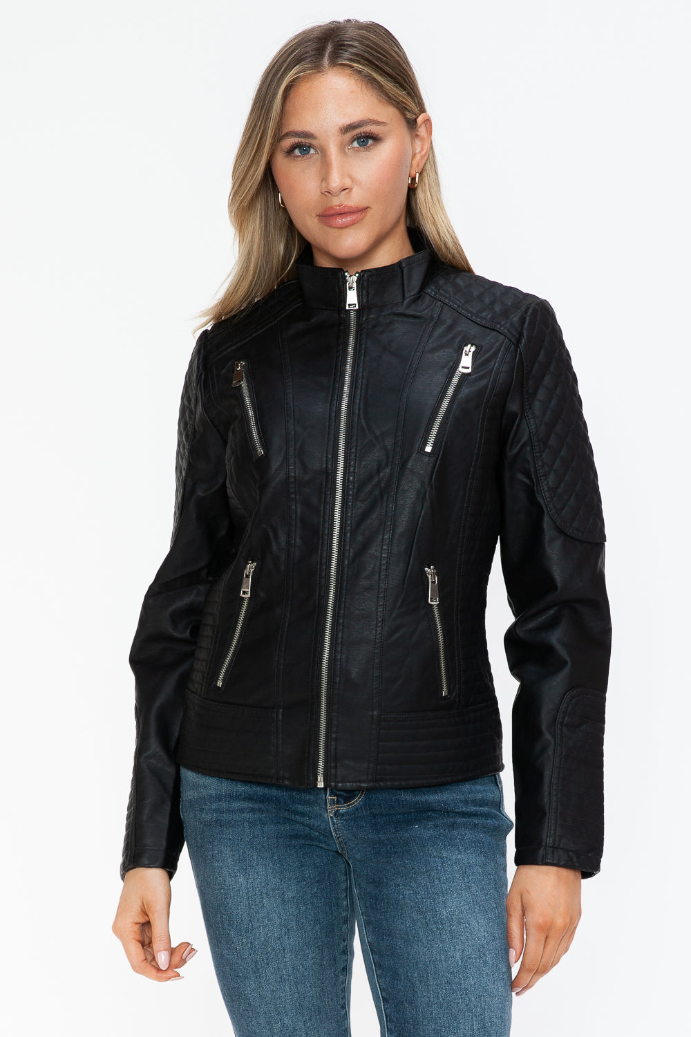 Hazel Blues® |  Snobbish Faux Leather Zip Up Mock Neck Jacket