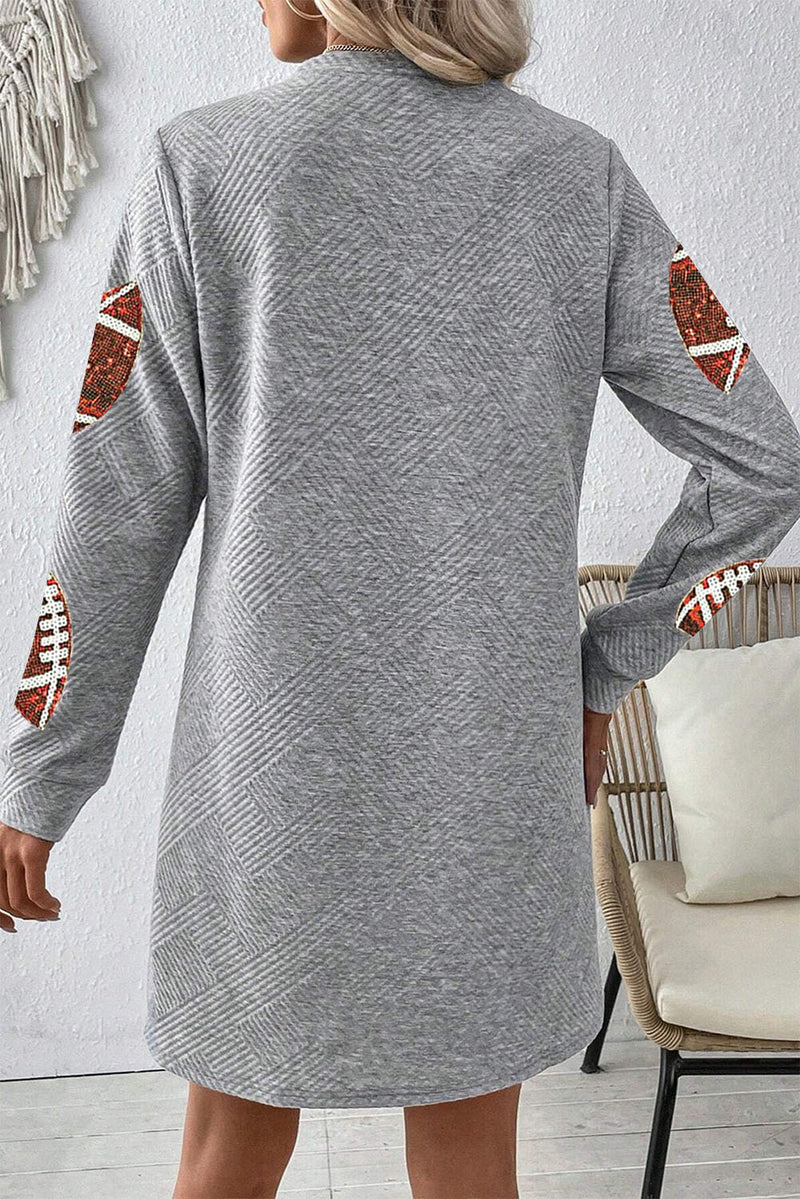 Hazel Blues® |  Gray Sequin Football Graphic Textured Long Sleeve Shift Mini Dress