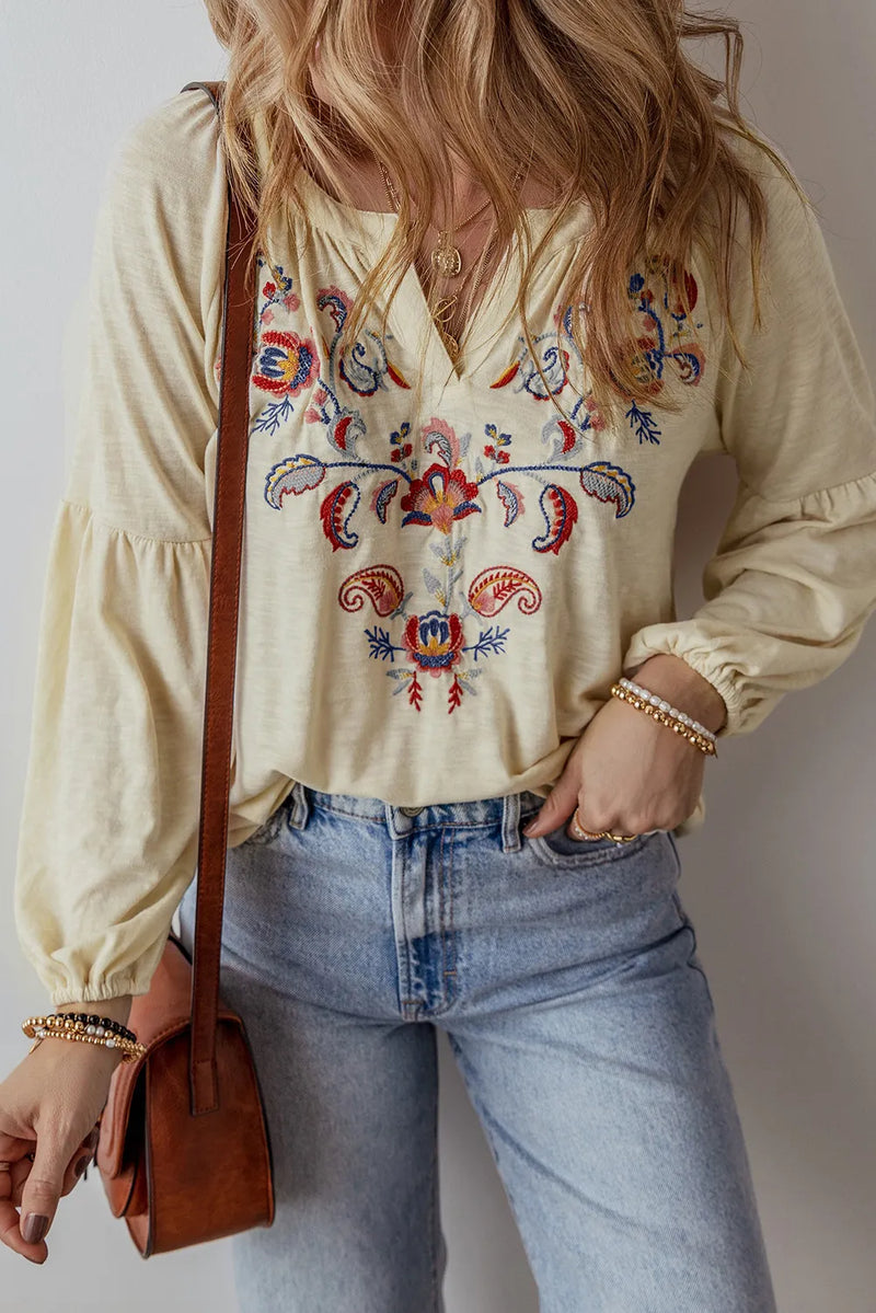 Hazel Blues® |  Embroidered Notched Long Sleeve Blouse