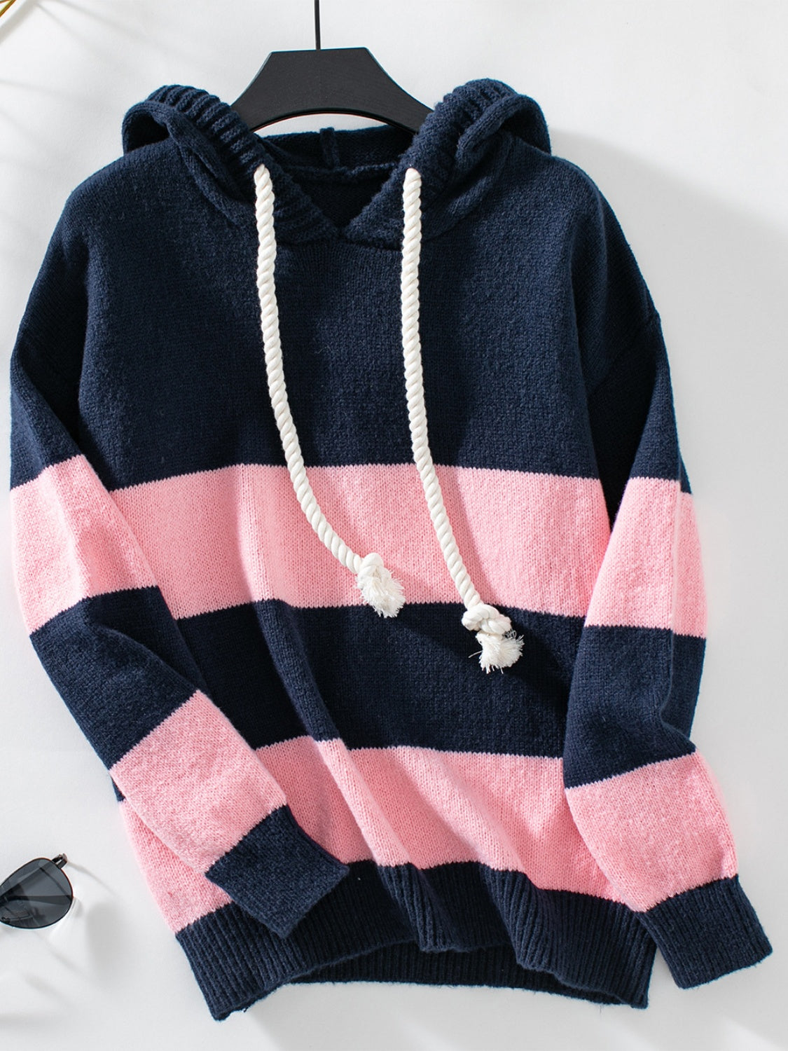 Hazel Blues® |  Drawstring Contrast Stripe Dropped Shoulder Hooded Sweater