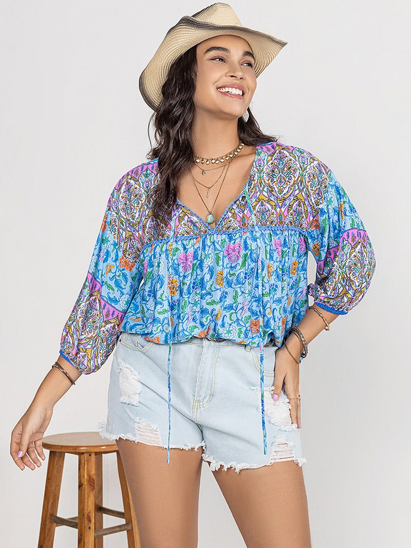 Hazel Blues® | Printed Tie Neck Balloon Sleeve Blouse