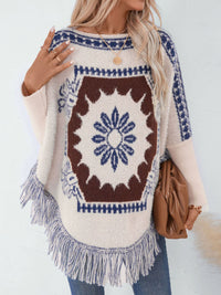 Hazel Blues® |  Fringe Geometric Long Sleeve Poncho