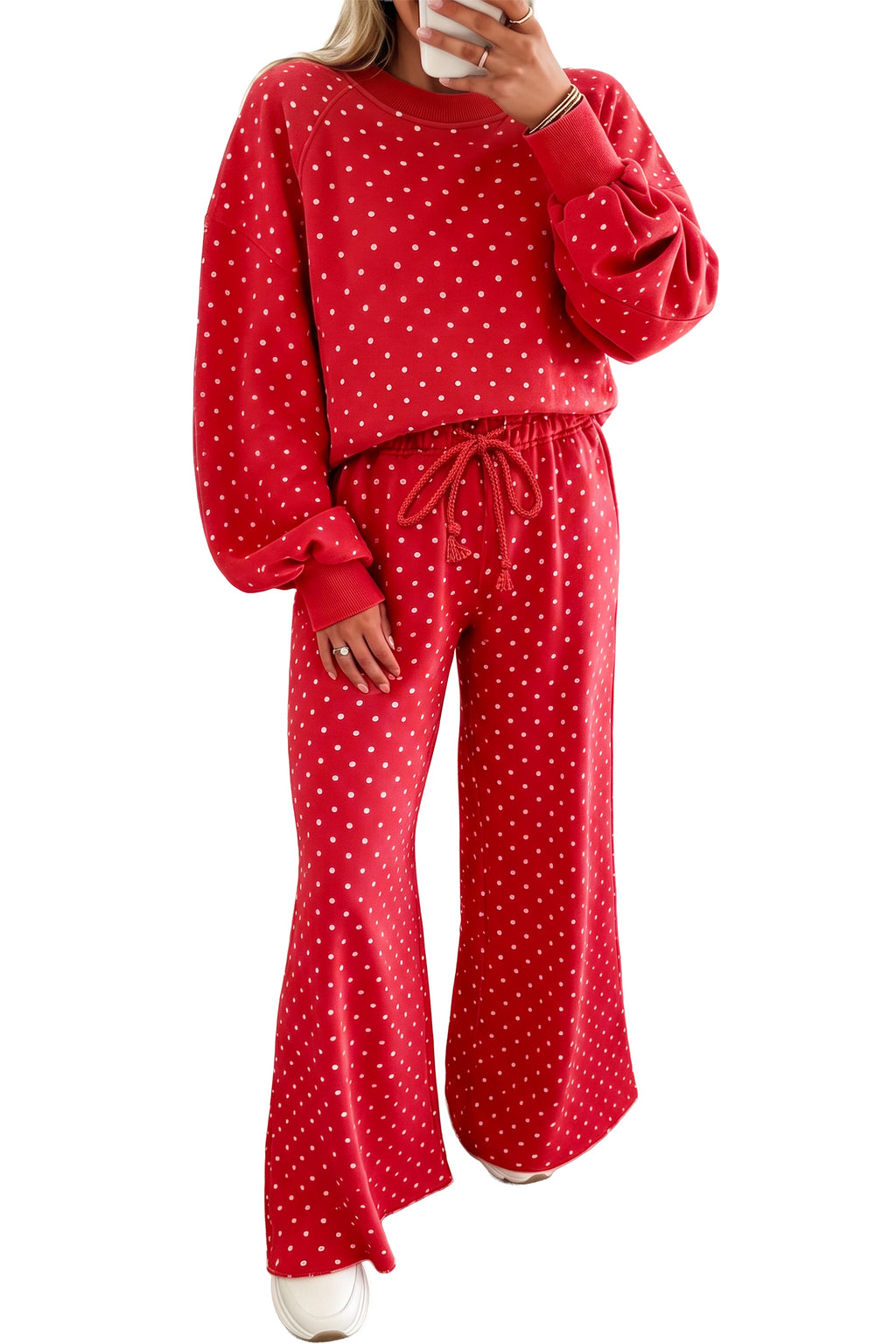Hazel Kate Red Polka Dot Drawstring Wide-Leg Long-Sleeve Top Pant Set