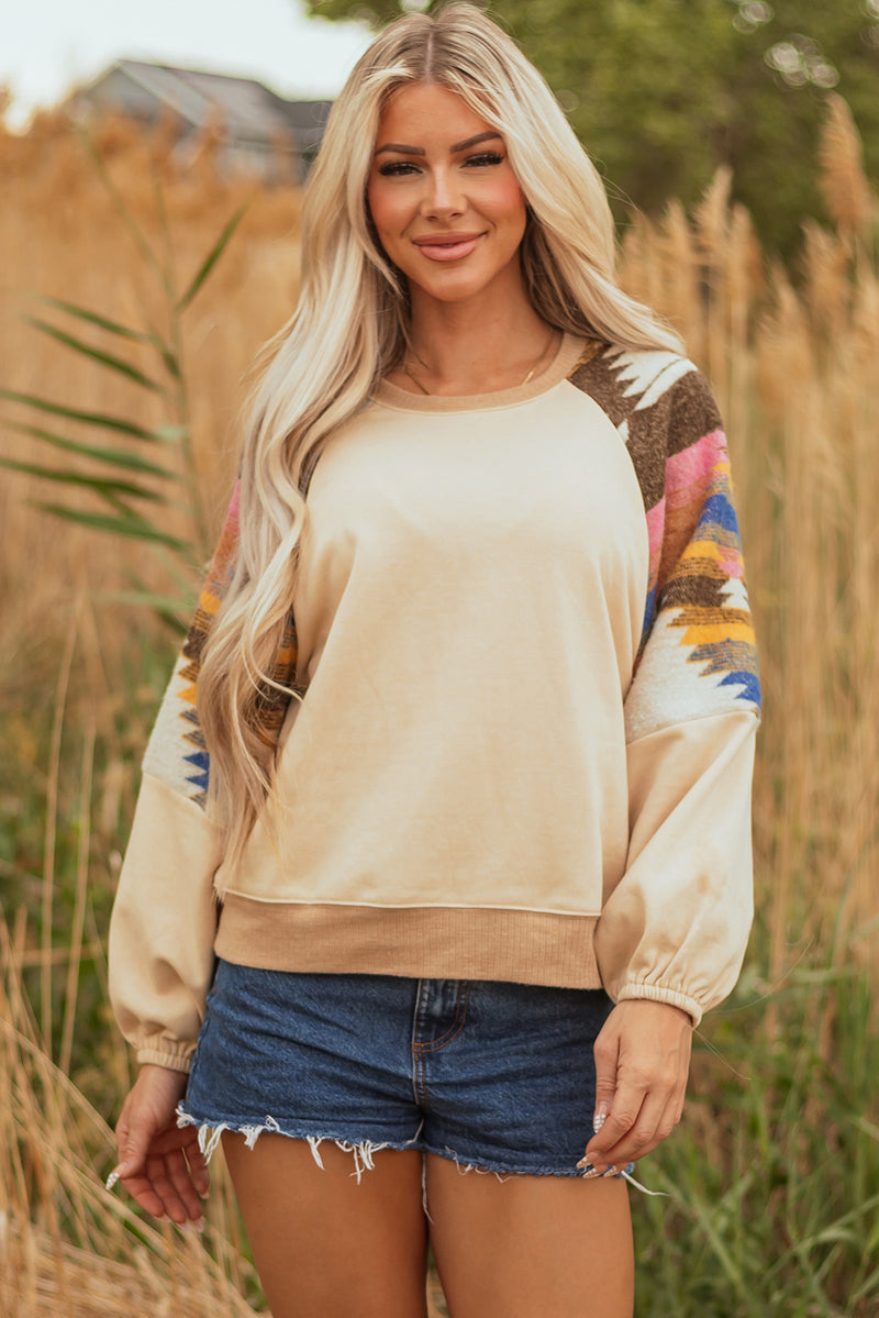 Hazel Blues® |  Light French Beige Aztec Patchwork Raglan Pullover Sweatshirt