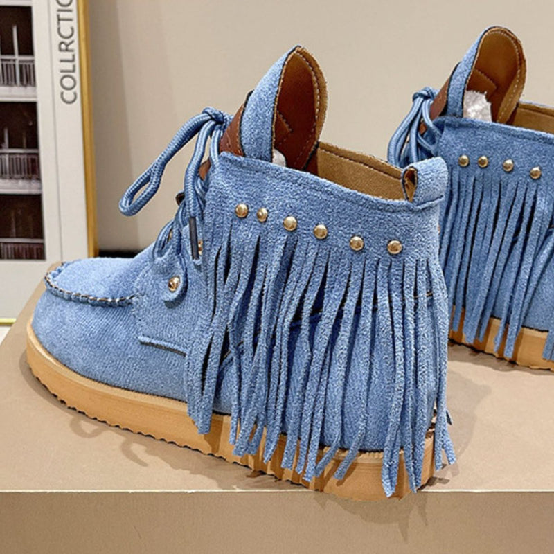 Hazel Blues® |  Fringe Studded Round Toe Canvas Boots