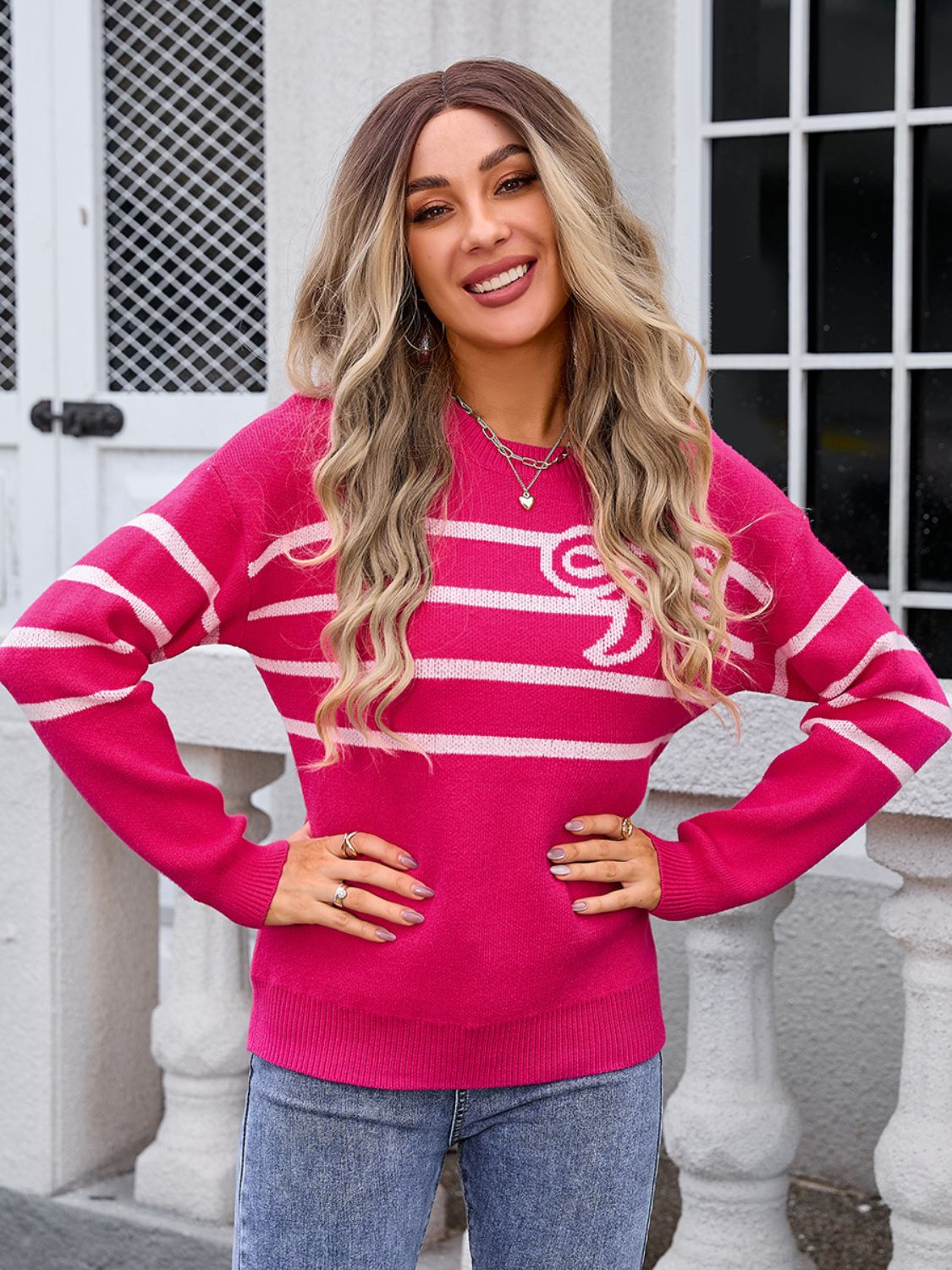 Hazel Blues® |  Striped Round Neck Long Sleeve Sweater