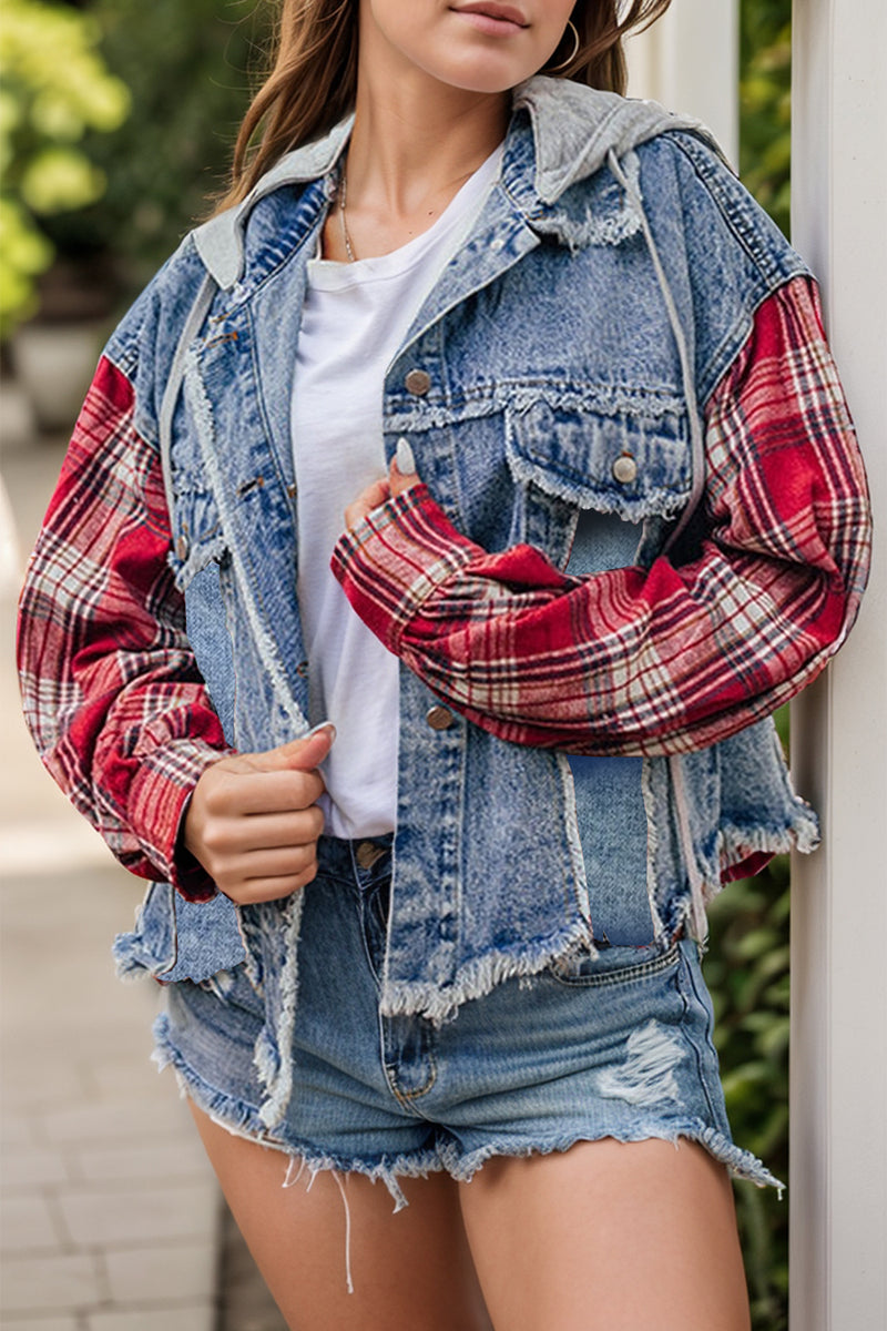 Hazel Blues® |  Raw Hem Drawstring Plaid Denim Jacket