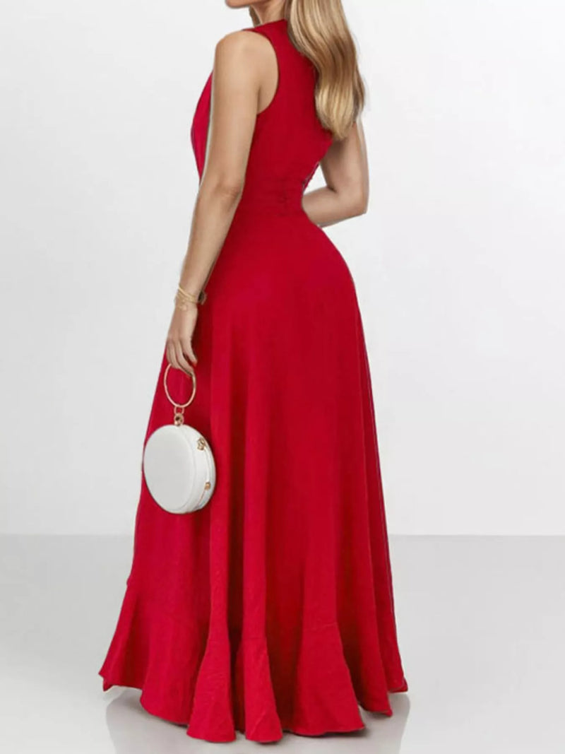 maxi ruffled high low dress custom size Sleeveless A-line Maxi Dress Red Sexy Solid Deep V Neck Belted Ruffle Hem Long Party Evening Prom Dress(2XL)