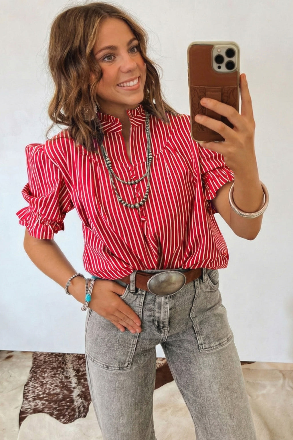 Hazel Blues® |  Red Stripe Ruffled Short Puff Sleeve Button Front Blouse