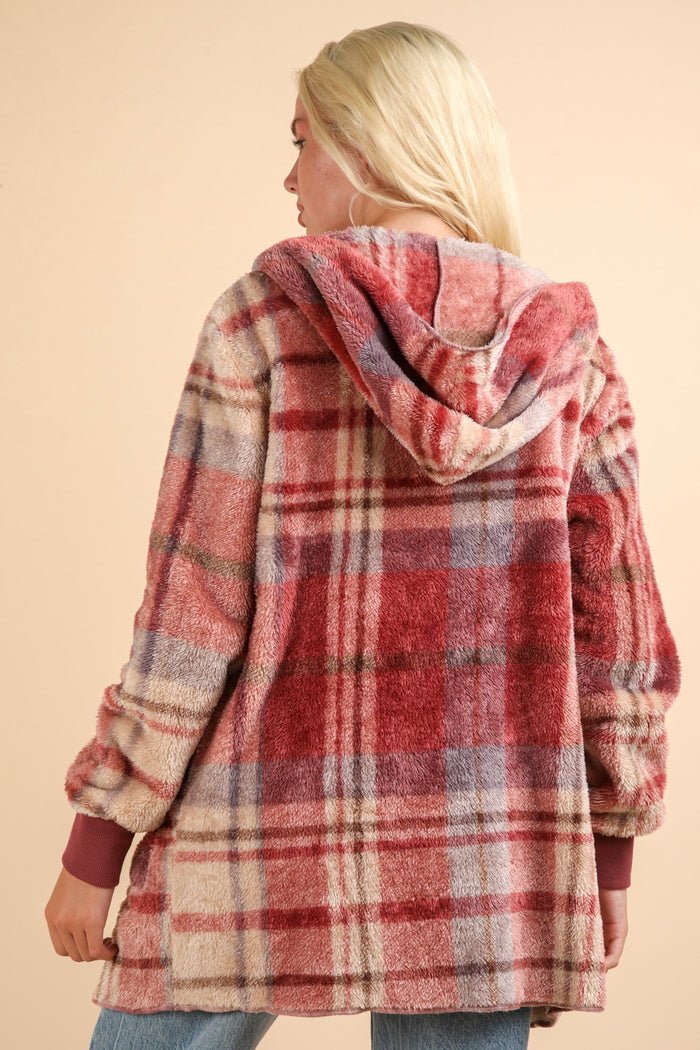 Hazel Blues® |  VERY J Fuzzy Plaid Long Sleeve Hooded Jacket