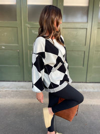 Hazel Blues® |  PREORDER: Contrast Trim Cardigan in Black Checkers