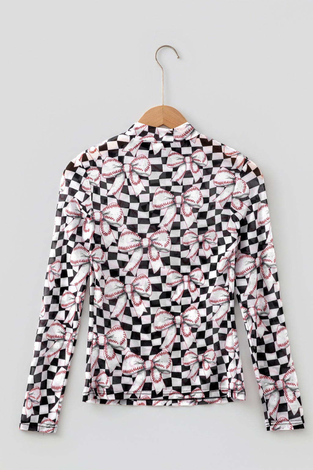 Black High Neck Plaid Baseball Bow Long Sleeve Pullover Tops