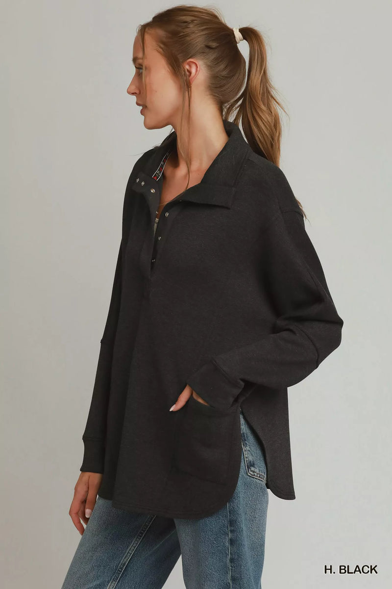 Umgee Half Placket Sweatshirt With Pockets | Pocketed Sweatshirt