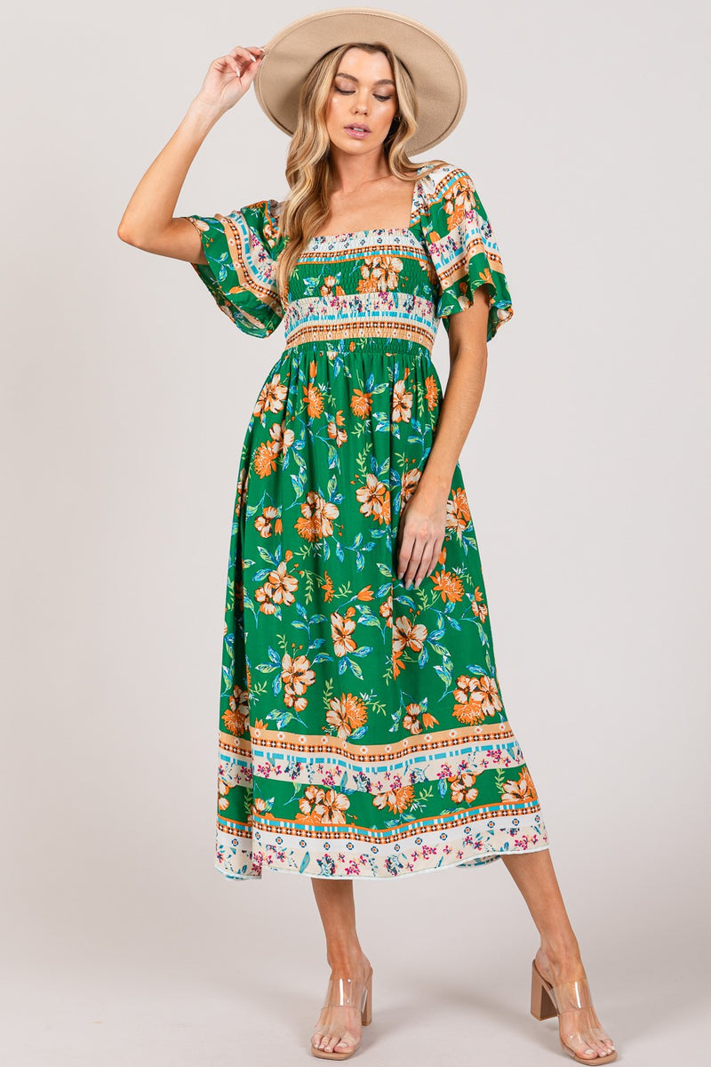 ONLINE EXCLUSIVE SAGE + FIG Printed Smocked Short Sleeve Midi Dress GREEN / S ONLINE EXCLUSIVE SAGE + FIG Printed Smocked Short Sleeve Midi Dress GREEN / S