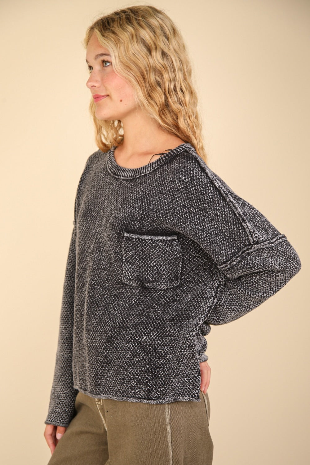 Hazel Blues® |  VERY J Mineral Washed Exposed Seam Sweater