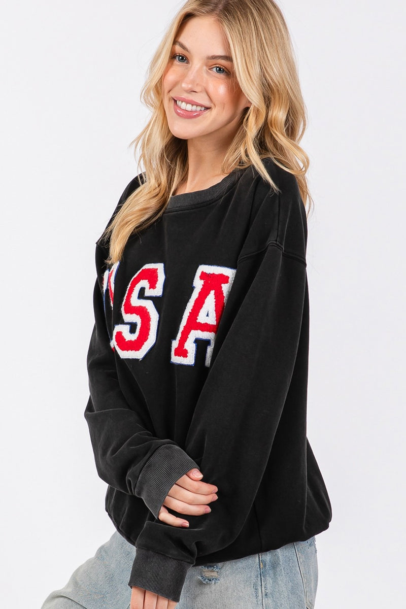 Hazel Blues® |  SAGE + FIG USA Letter Patch Round Neck Sweatshirt