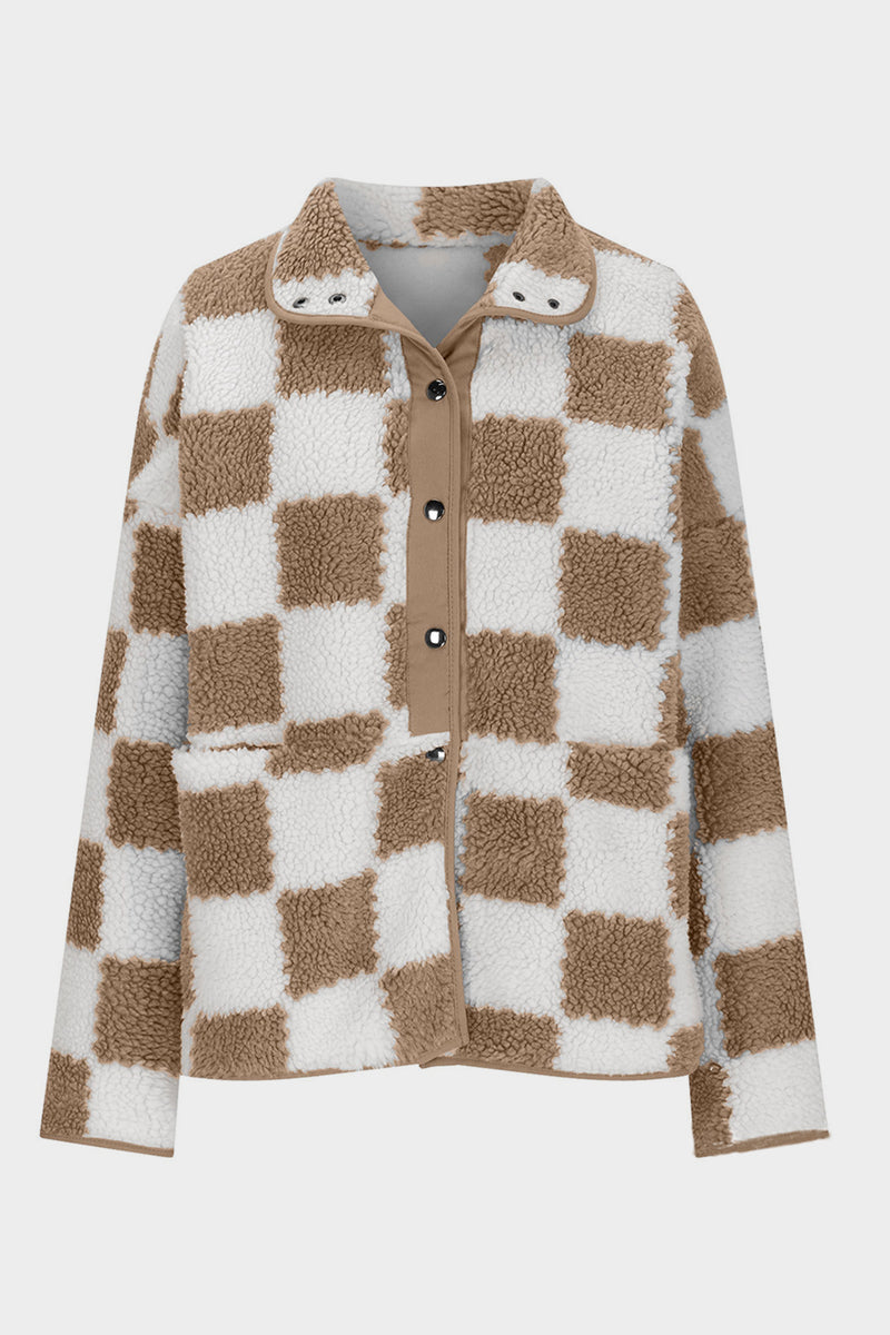 Hazel Blues® |  Checkered Snap Down Long Sleeve Teddy Jacket