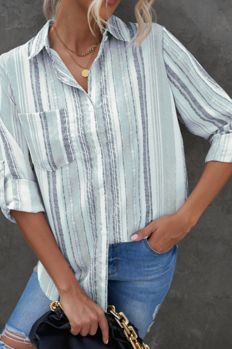 Hazel Blues® |  Striped Collared Neck Long Sleeve Shirt