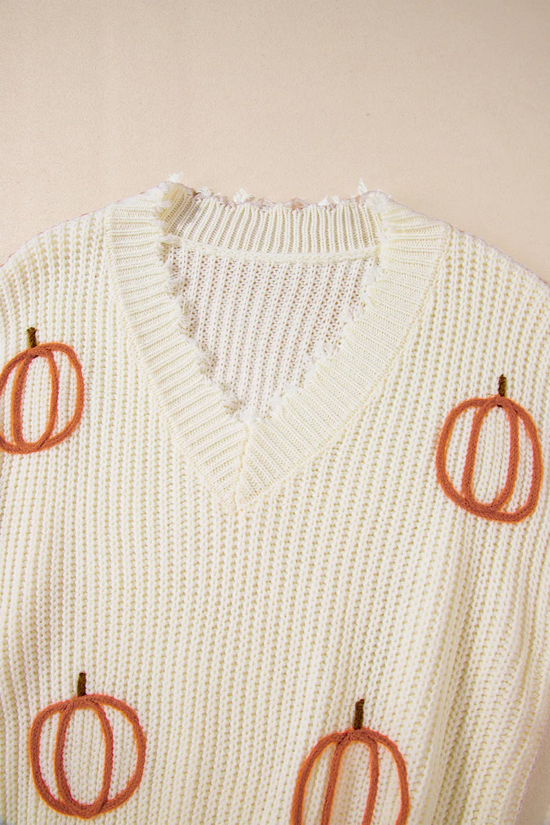 Hazel Blues® |  Raw Hem Pumpkin V-Neck Long Sleeve Sweater