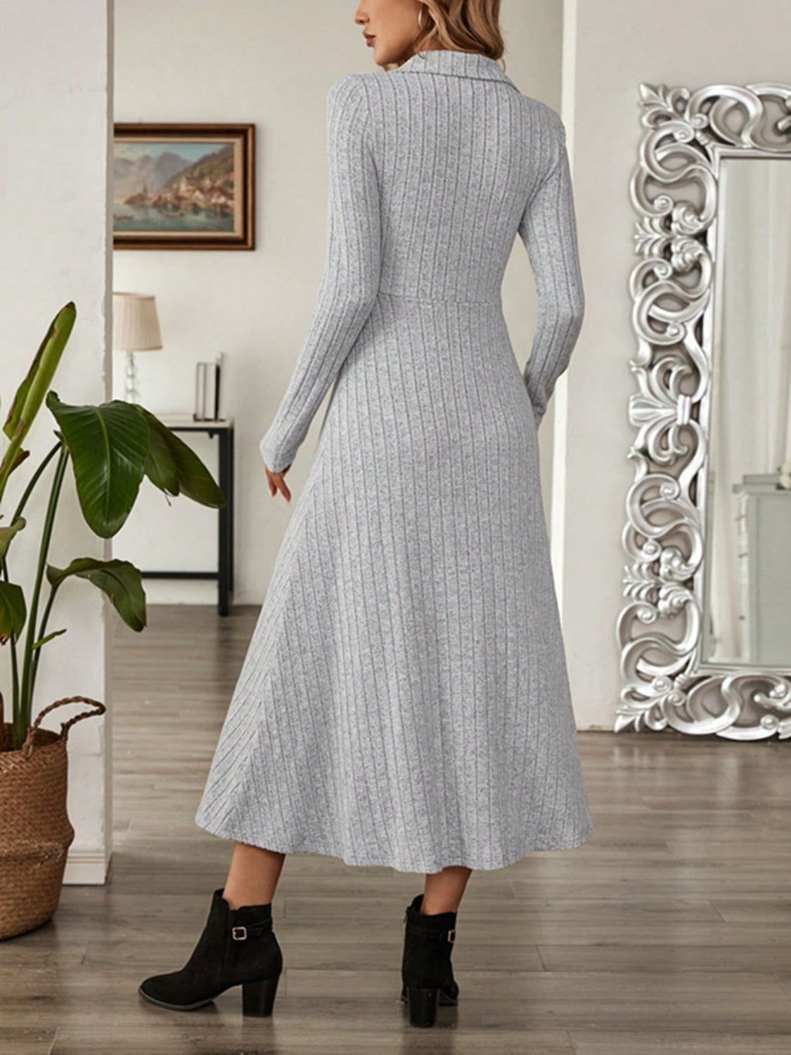 Hazel Blues® |  Ribbed Johnny Collar Long Sleeve Dress