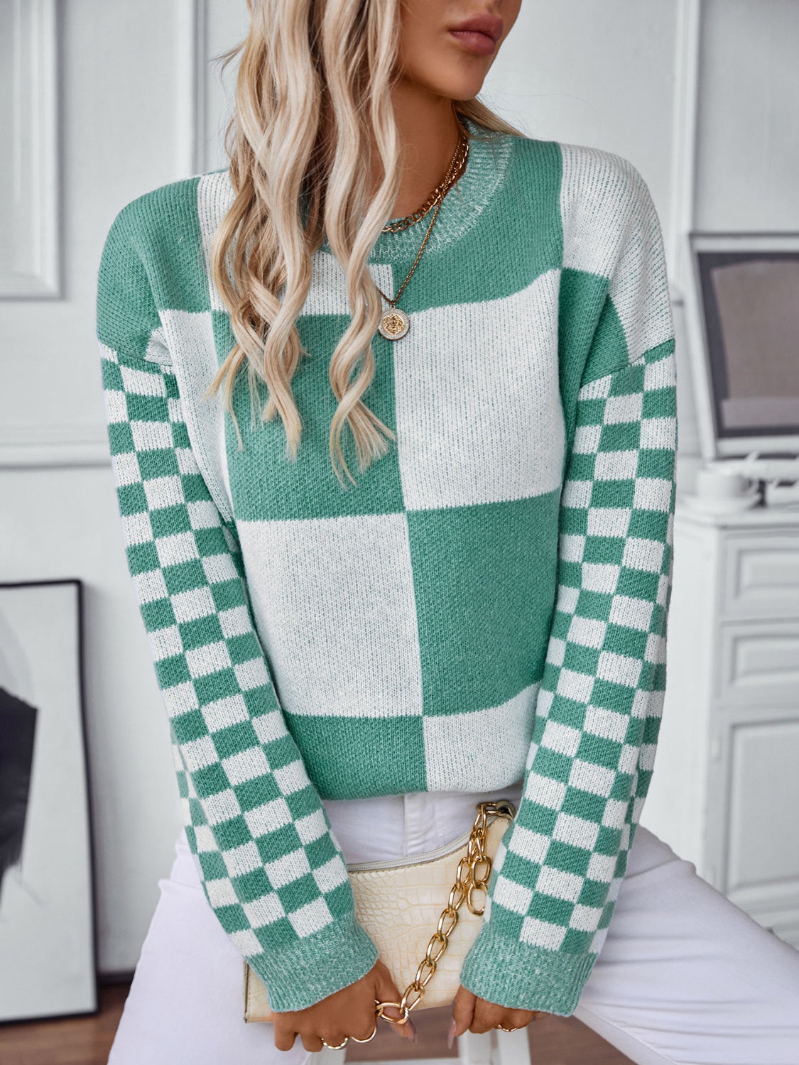 Hazel Blues® |  Color Block Round Neck Long Sleeve Sweater